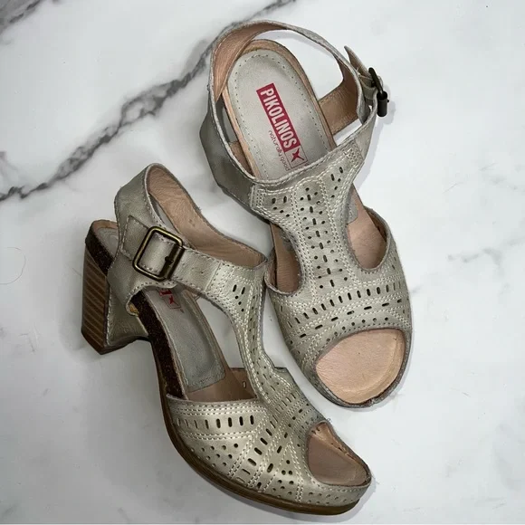 PIKOLINOS Moraira Gray Leather Laser Cut T Strap Sandal Size 37 - Picture 1 of 13